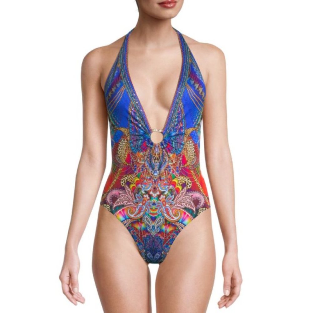 NWT Camilla 'Psychedelica' Ring Detail Plunge One-Piece Swimsuit, Multicolor